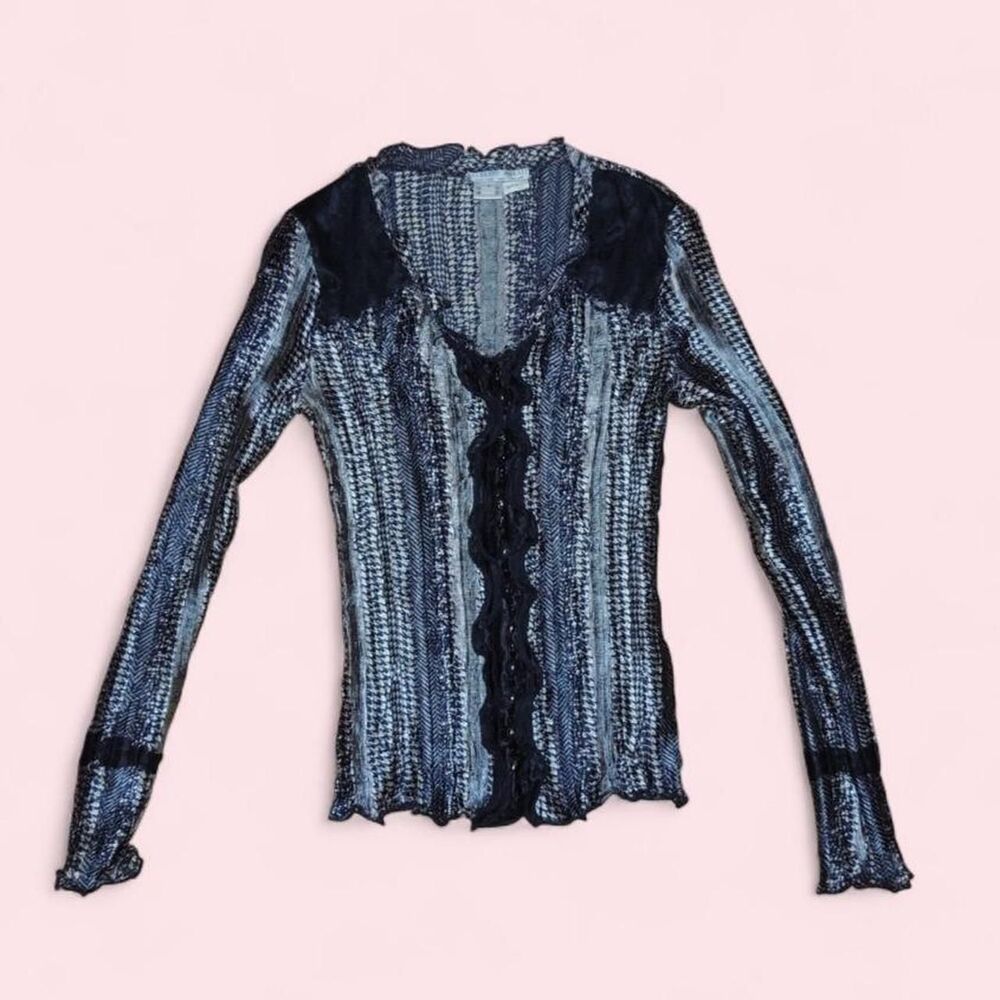 Vtg 90s/Y2K Alberto Makali Crinkle Houndstooth Knit V-Neck Top